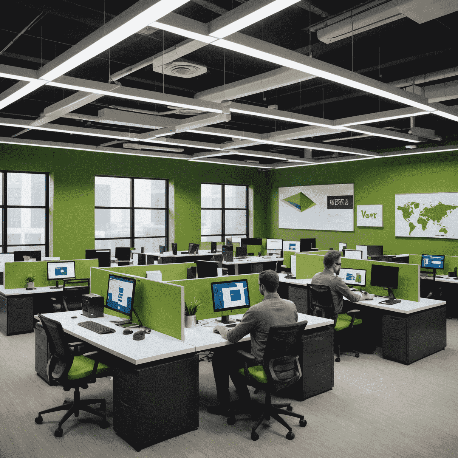 Vertex IT Services employees working on energy-efficient hardware in a modern office setting with green accents