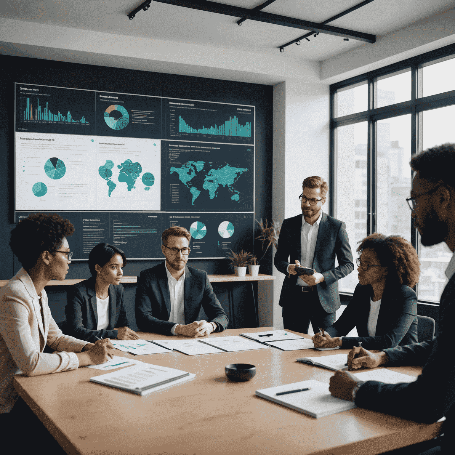 A group of diverse professionals gathered around a conference table, engaged in a discussion about ethical AI development. Graphs and diagrams related to AI are displayed on a large screen in the background.