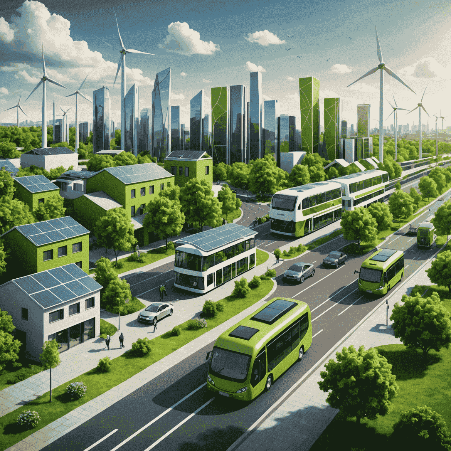 Illustration of a green city with renewable energy sources and sustainable transportation