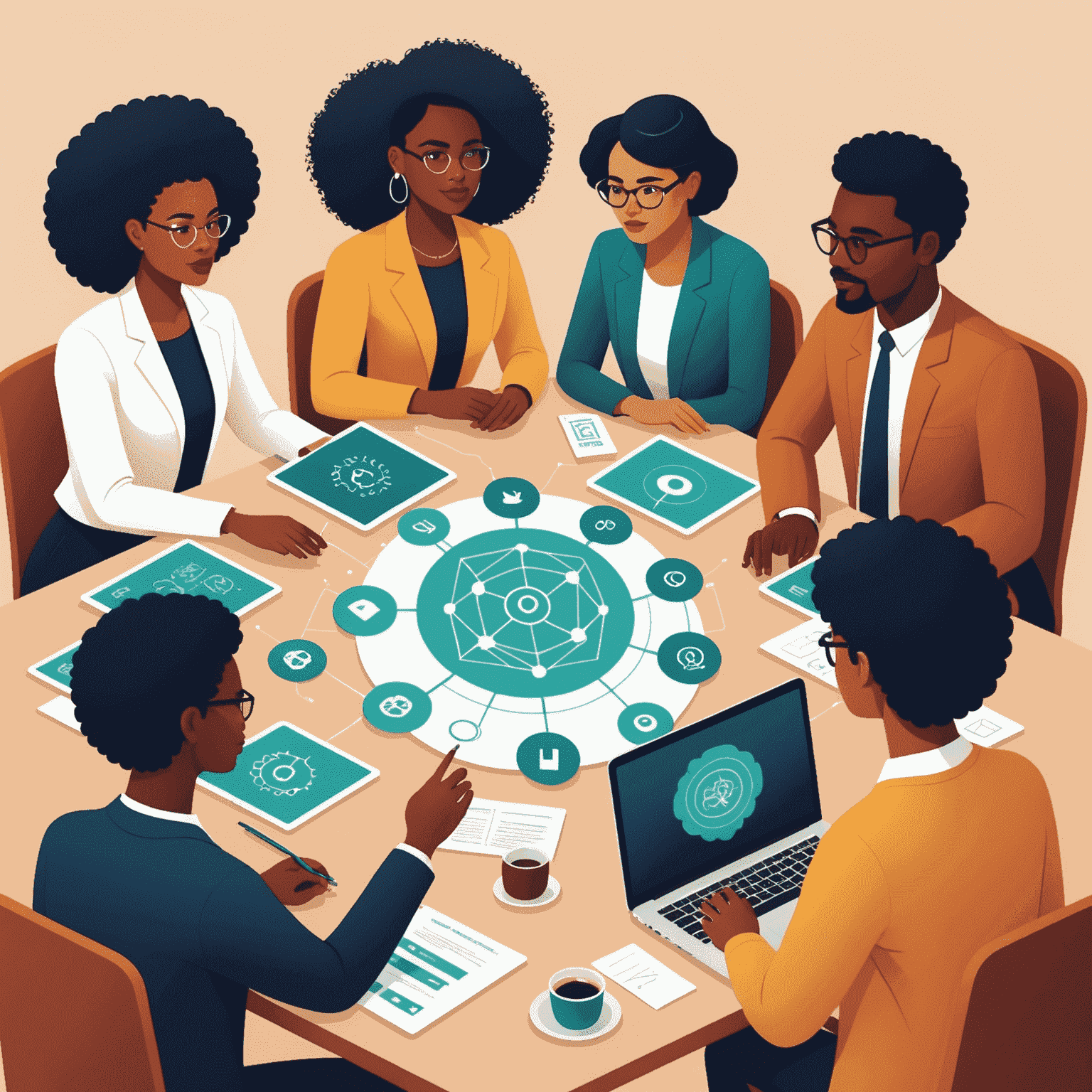 Illustration of diverse team collaborating on ethical AI development, with symbols representing fairness, transparency, and accountability