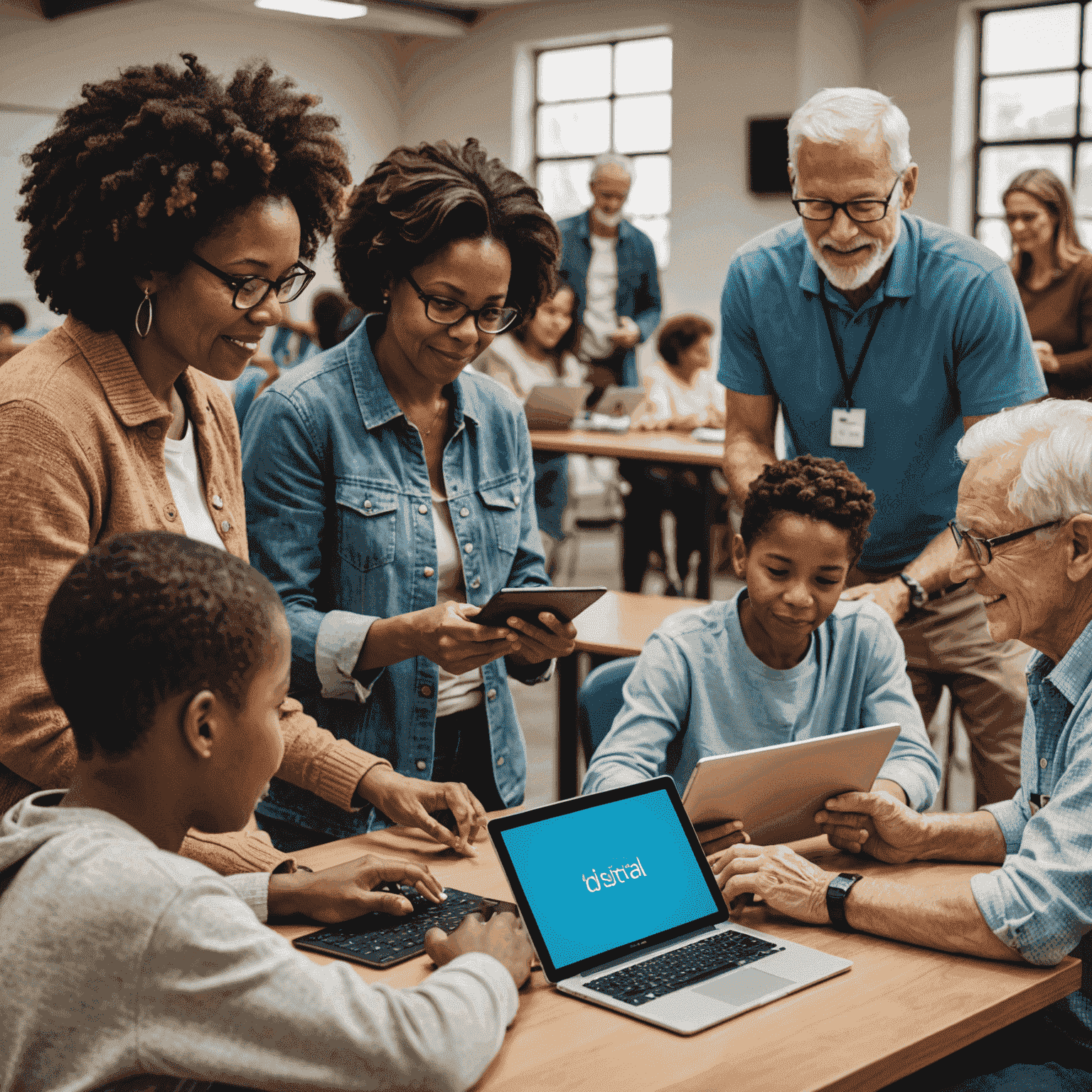 A diverse group of people of all ages using computers and tablets together in a community center setting, illustrating the concept of digital inclusion and bridging the digital divide.