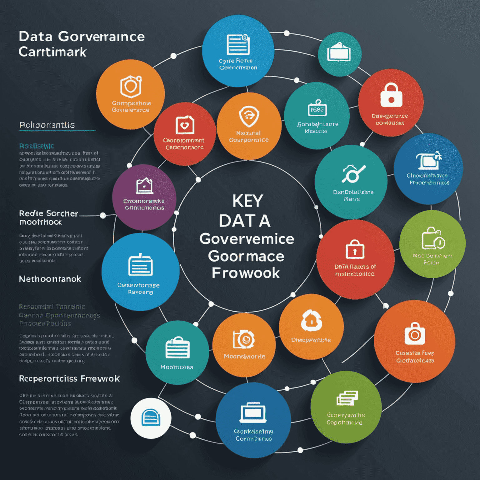 A diagram illustrating the key components of a comprehensive data governance framework, including data privacy, security, compliance, policies, training, and monitoring.