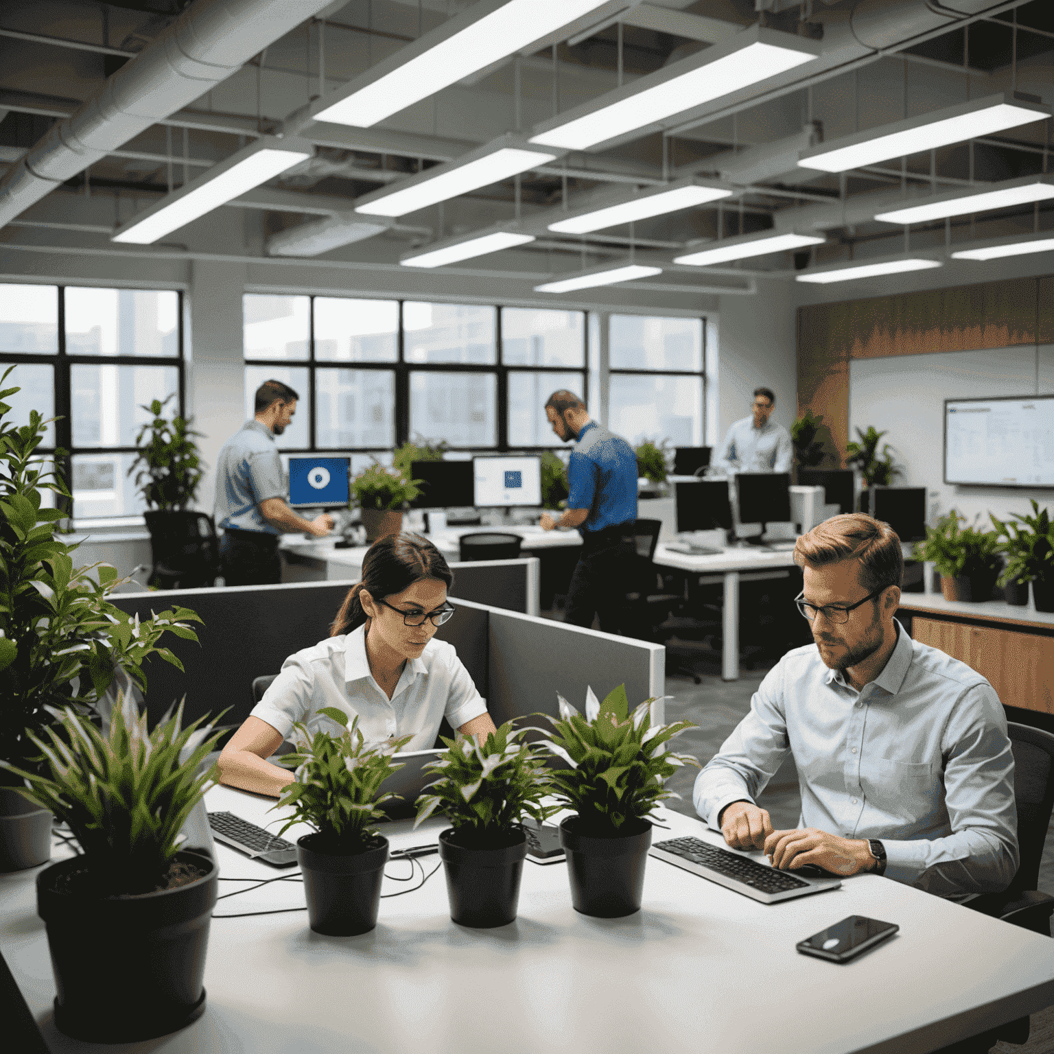 Vertex IT Services employees working on energy-efficient hardware in a modern office setting with plants and natural light to promote sustainability.