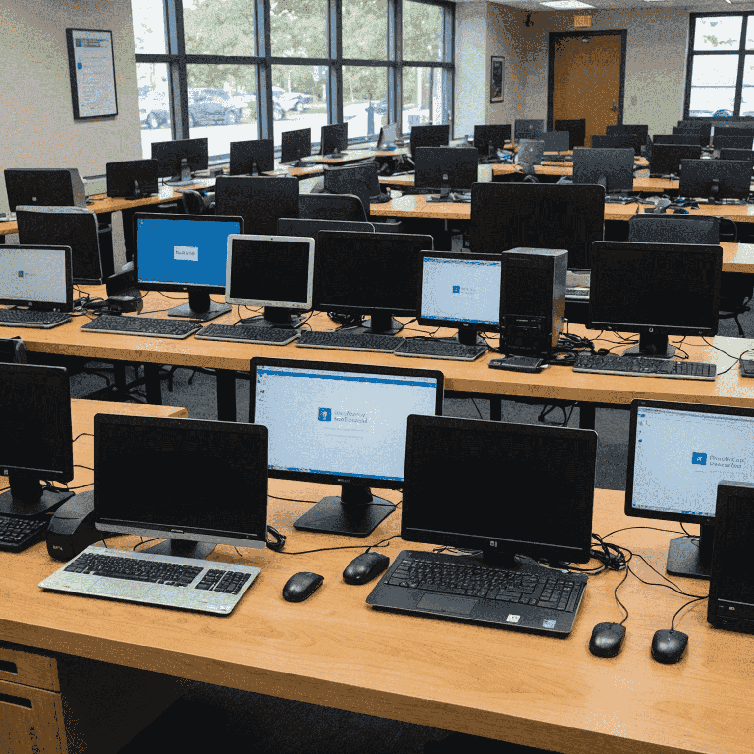 Refurbished desktop computers and laptops set up on a table, ready to be donated to the local non-profit organization