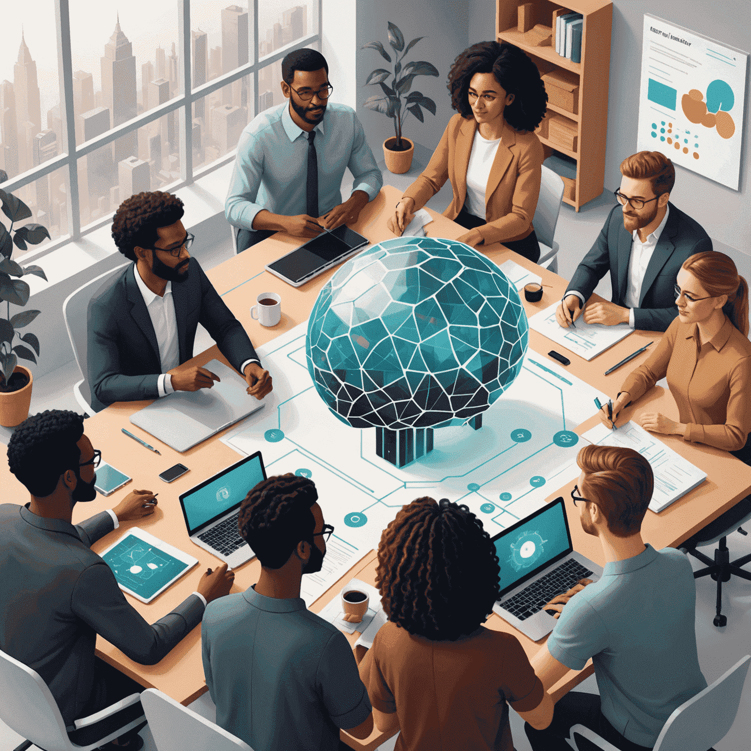 Illustration of diverse people working together on an AI project with transparency and fairness