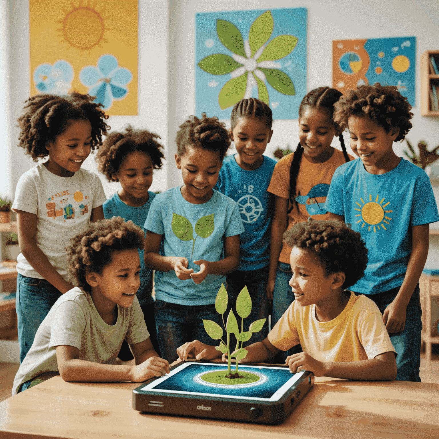 Group of diverse children excitedly playing an interactive digital game that teaches them about renewable energy sources like wind and solar and how they help combat climate change.