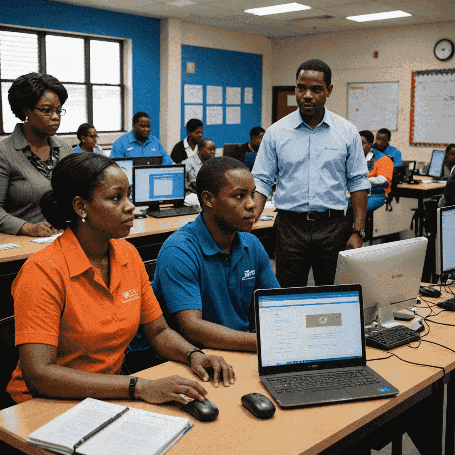 Vertex IT Services employees teaching IT skills to underprivileged community members in a classroom setting with refurbished computers.